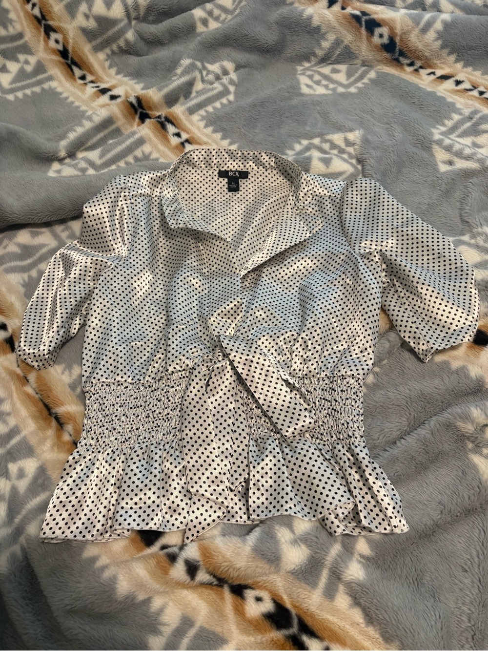 BCX White Blouse with Black Polka Dots and Smocked Waist